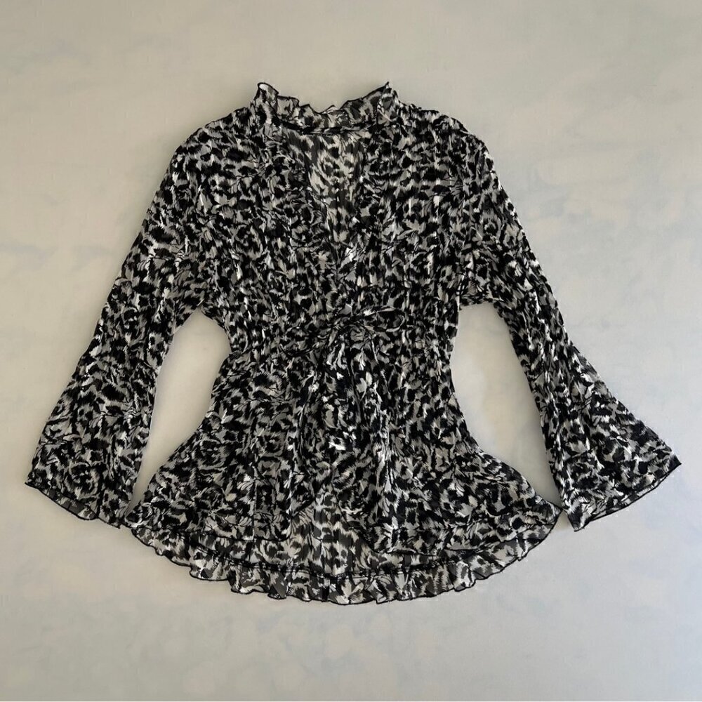 Notations Vintage Black & White Sheer Tie Front Long Sleeve Blouse